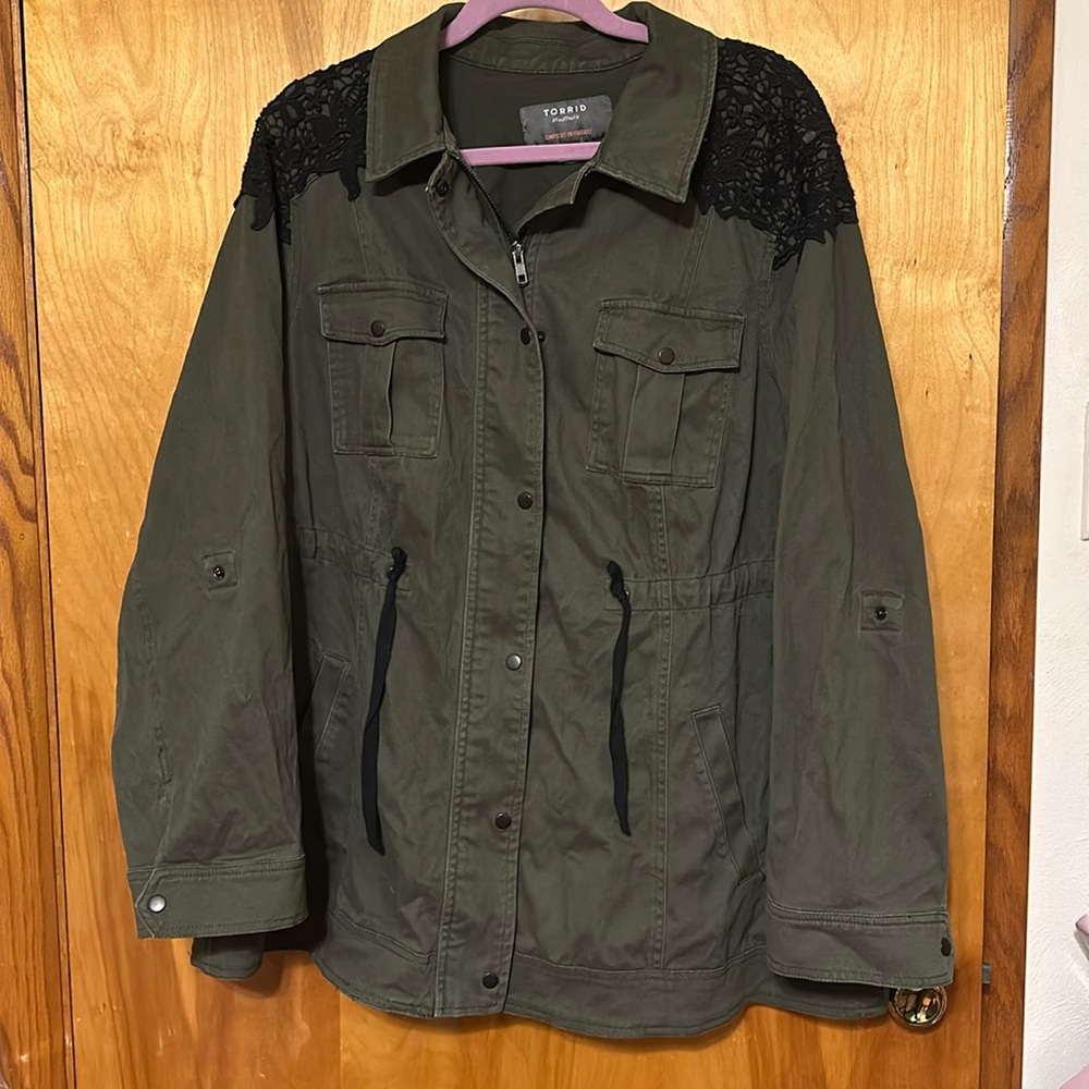 Torrid Twill Jacket with lace shoulder overlay, Size 2